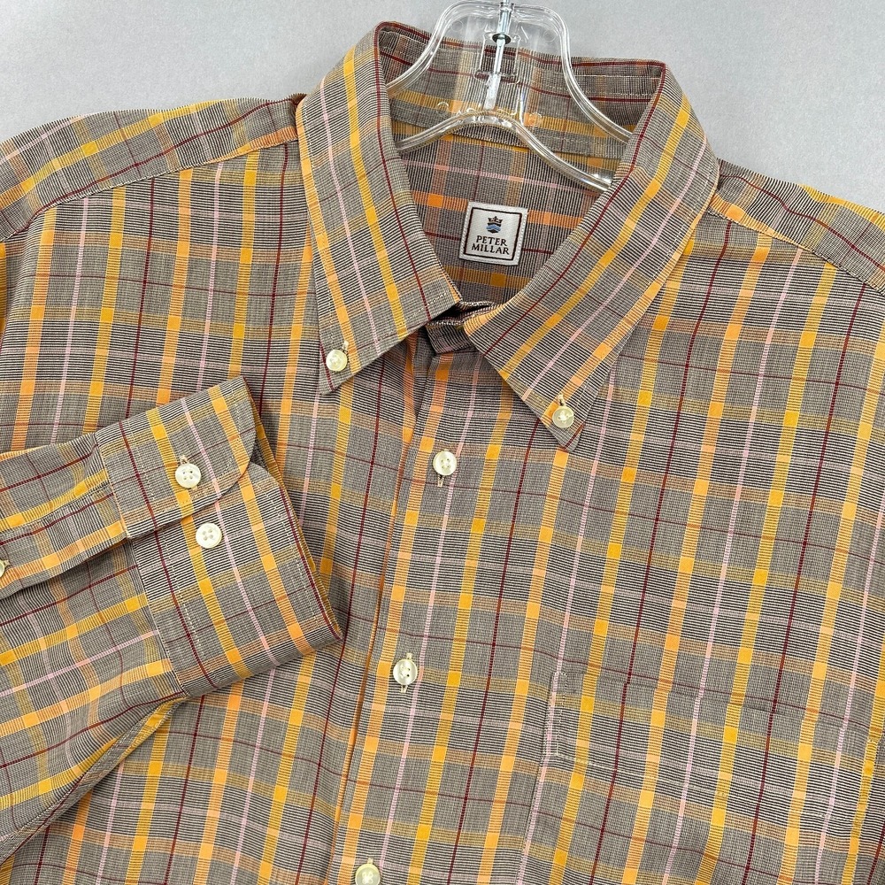 Peter Millar Shirt Mens‎ Large Brown Orange Plaid Check Button Down Tartan